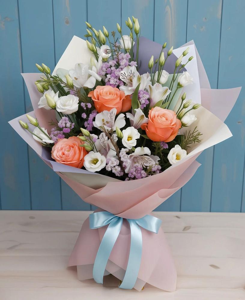 Букет цветов из: Лизиантусы, Розы, Альстромерии и Гипсофила в Волгограде