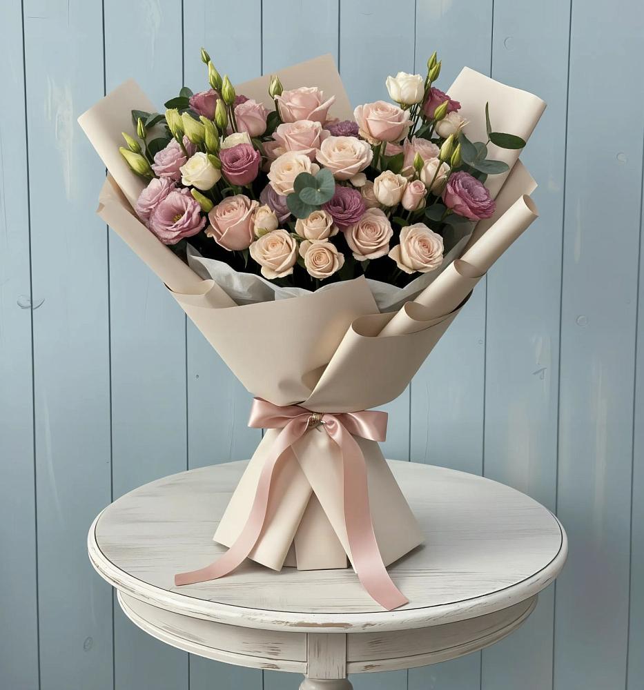 Букет бодрость в Волгограде Букет цветов из: Розы и Лизиантусы в Волгограде