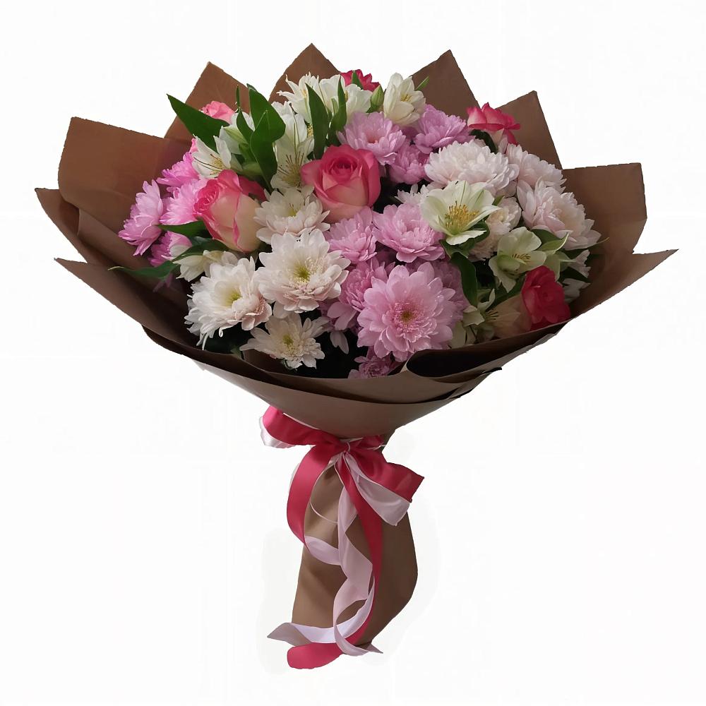 Букет Розовое очарование в Волгограде Букет цветов из: Хризантемы, Альстромерии и Розы в Волгограде